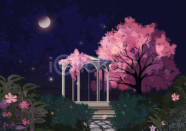 사람없음 PSD 일러스트 계절백그라운드 공원 꽃 달 백그라운드 벚꽃 벚나무 봄 봄배경 분홍색 정원 정자(건축물) 화사함