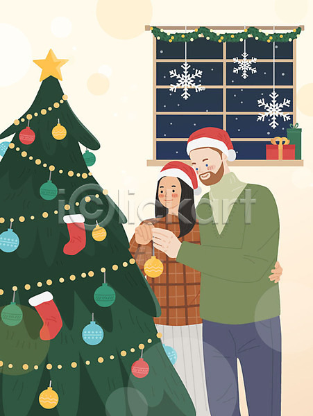 따뜻함 사랑 행복 남자 동양인 두명 백인 서양인 성인 여자 외국인 AI(파일형식) 일러스트 겨울 국제결혼 산타모자 장식 주택 초록색 커플 크리스마스 크리스마스트리 포옹 황인