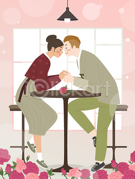 따뜻함 행복 남자 두명 백인 사람 성인 여자 외국인 AI(파일형식) 옆모습 일러스트 개량한복 국제결혼 꽃 마주보기 분홍색 손잡기 카페 커플 커플룩 황인