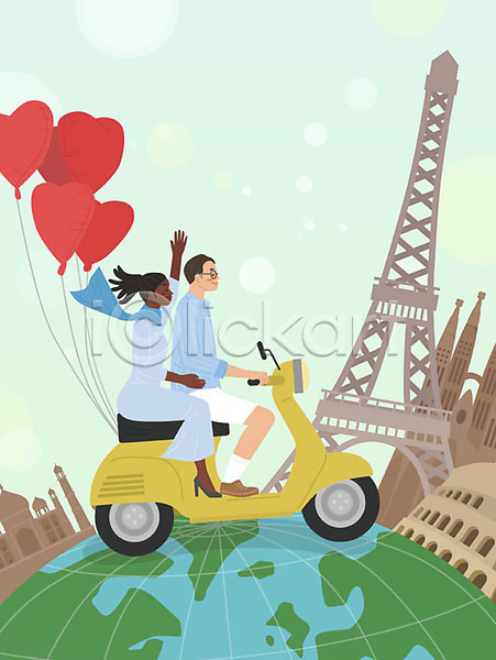 따뜻함 행복 남자 두명 사람 성인 여자 외국인 흑인 AI(파일형식) 일러스트 국제결혼 바이크 세계여행 스쿠터 신혼여행 아시아 앉기 에펠탑 여행 커플 커플룩 황인