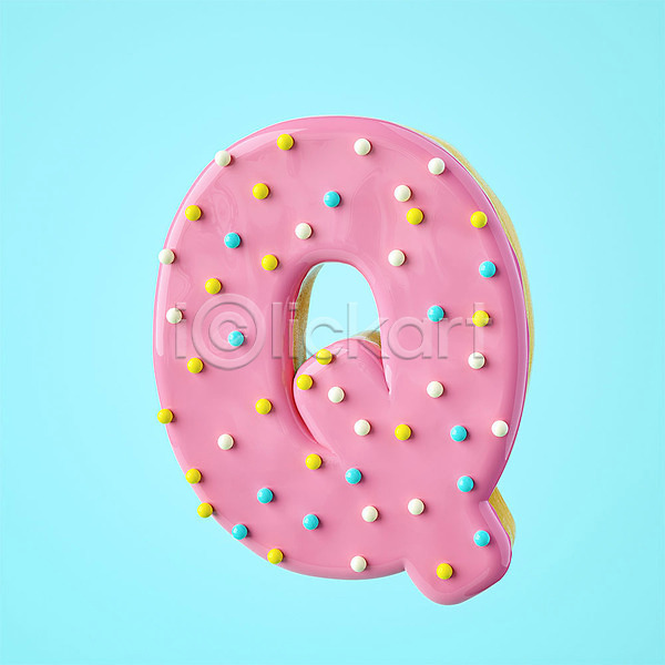 사람없음 3D PSD 디지털합성 편집이미지 3D소스 Q 대문자 도넛 디저트 백그라운드 알파벳 영어 오브젝트 타이포그라피 텍스트 편집소스 하늘색 한개