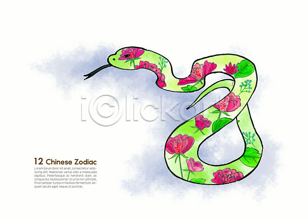사람없음 PSD 일러스트 꽃무늬 동물캐릭터 뱀 뱀띠 번짐 새해 수채화(물감) 십이지신 십이지신캐릭터 운세 캘리그라피 컬러풀 한마리