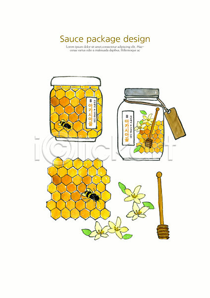 사람없음 PSD 일러스트 꽃 꿀 꿀벌 벌집 소스(음식) 수채화(물감) 아카시아 용기(그릇) 패키지 포장용기