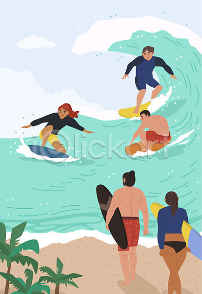 즐거움 남자 사람 성인 여러명 여자 AI(파일형식) 일러스트 레포츠 민트색 바다 서핑 서핑보드 수영복 여름(계절) 운동 워라밸 취미 해변