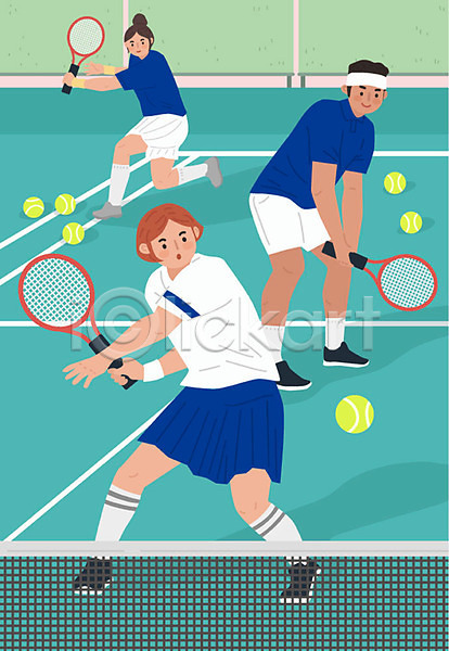 즐거움 남자 사람 성인 세명 여자 AI(파일형식) 일러스트 운동 워라밸 취미 테니스 테니스공 테니스라켓 테니스복 테니스장 파란색 포즈