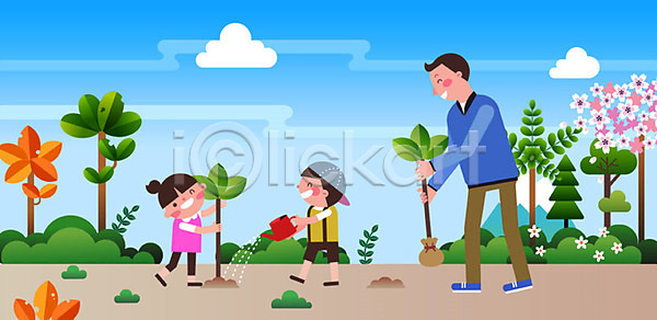 즐거움 체험 체험학습 남자 사람 성인 세명 소녀(어린이) 소년 어린이 여자 AI(파일형식) 일러스트 교사 교육 구름(자연) 꽃 나무 나무심기 나뭇잎 묘목 물뿌리개 방과후 스쿨팩 식목일 에듀 흐뭇