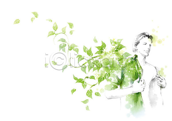 남자 사람 성인 성인남자한명만 한명 PSD 일러스트 그린슈머 라이프스타일 셔츠 에코 옷 잎 초록색 친환경 캘리그라피 환경