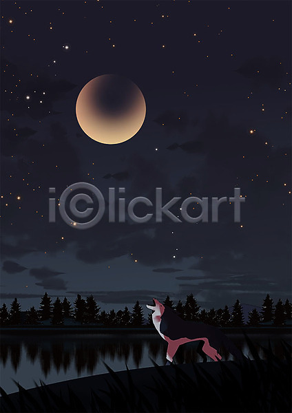 따뜻함 사람없음 PSD 일러스트 그림자 늑대 달 동물 동물원 반사 밤하늘 별 어둠 응시 한마리