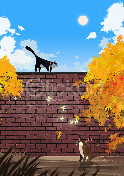 따뜻함 사람없음 PSD 일러스트 가을(계절) 가을배경 고양이 나무 나비 낙엽 노란색 담장 동물 동물원 두마리 벽 응시 태양 하늘