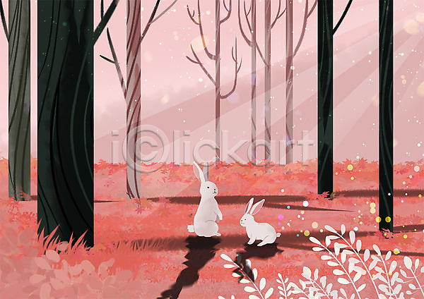 귀여움 따뜻함 사람없음 PSD 일러스트 그림자 나무 동물 동물원 두마리 분홍색 숲 토끼