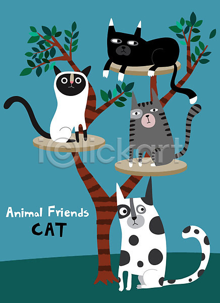귀여움 함께함 사람없음 AI(파일형식) 일러스트 고양이 고양이캐릭터 나뭇가지 동물 동물캐릭터 반려 애묘용품 여러마리 친구 캣타워 파란색
