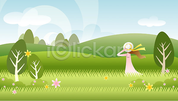 사람 여자 여자만 EPS 일러스트 계절 꽃 나무 백그라운드 봄 사계절 야외 자연 주간 초원(자연) 풍경(경치)