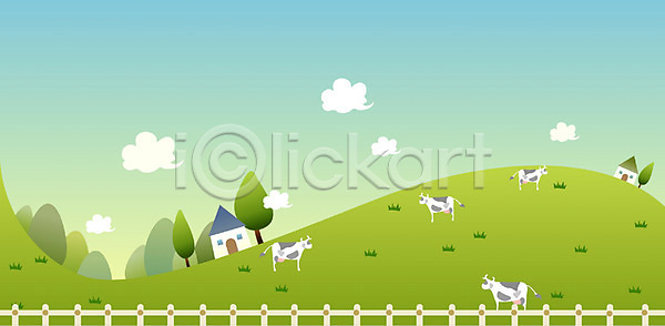 사람없음 EPS 일러스트 계절 목장 백그라운드 봄 사계절 야외 언덕 자연 젖소 주간 주택 초원(자연) 풍경(경치) 하늘