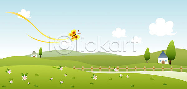 사람없음 EPS 일러스트 계절 꽃 나비 백그라운드 봄 사계절 야외 자연 주간 주택 초원(자연) 풍경(경치) 하늘
