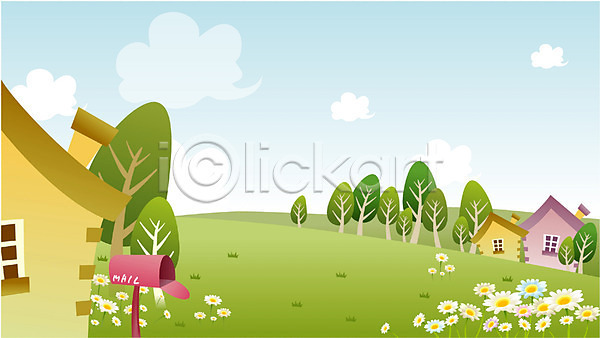 사람없음 EPS 일러스트 계절 꽃 나무 마을 백그라운드 봄 사계절 식물 야외 우체통 자연 주간 주택 풍경(경치) 하늘 흰색