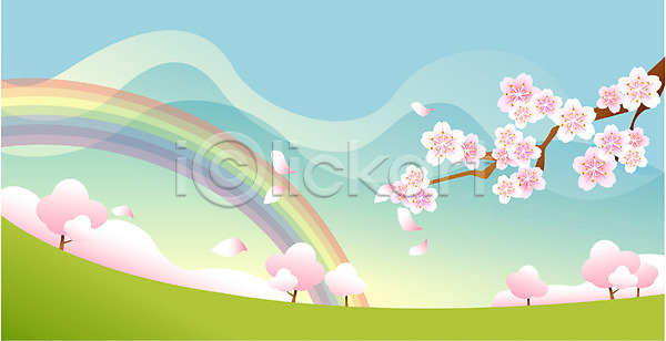 사람없음 EPS 일러스트 계절 꽃 무지개 백그라운드 벚꽃 벚나무 봄 사계절 식물 야외 자연 주간 풍경(경치) 하늘