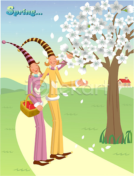 로맨틱 남자 두명 사람 여자 EPS 일러스트 계절 나무 마을 벚꽃 봄 사계절 소풍 야외 자연 커플 풍경(경치)