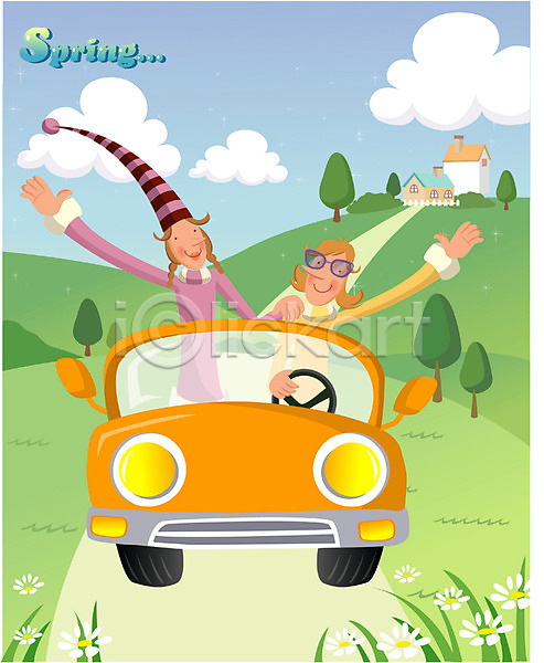 로맨틱 남자 두명 사람 여자 EPS 일러스트 계절 드라이브 마을 봄 사계절 소풍 야외 자동차 자연 커플 풍경(경치) 하늘