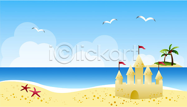 사람없음 EPS 일러스트 계절 구름(자연) 모래사장 모래성 바다 백그라운드 불가사리 사계절 섬 야외 여름(계절) 자연 주간 풍경(경치) 하늘 해변