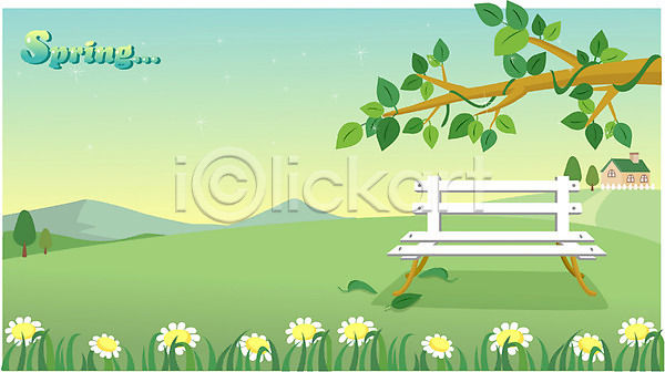 사람없음 EPS 일러스트 계절 꽃 백그라운드 벤치 봄 사계절 야외 언덕 자연 초원(자연) 풍경(경치) 하늘