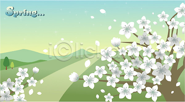 사람없음 EPS 일러스트 계절 꽃 백그라운드 벚꽃 봄 사계절 야외 언덕 자연 초원(자연) 풍경(경치)