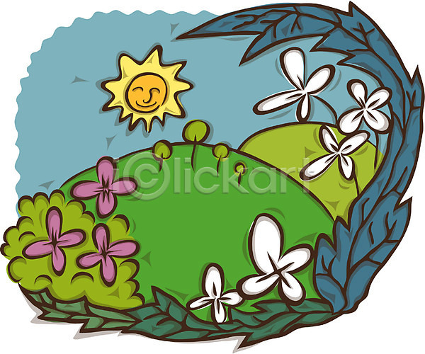 상상 사람없음 EPS 일러스트 계절 꽃 꽃밭 백그라운드 봄 사계절 산 야외 자연 주간 초원(자연) 태양 판타지 풍경(경치) 해