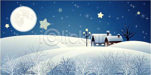 사람없음 EPS 일러스트 겨울 겨울배경 계절 나무 눈(날씨) 달 마을 백그라운드 별 사계절 야간 야외 자연 주택 초원(자연) 풍경(경치)