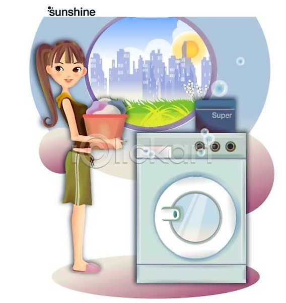 사람 여자 여자만 EPS 일러스트 가전제품 날씨 맑음 봄 빨래 생활가전 세탁기 전자제품 햇빛