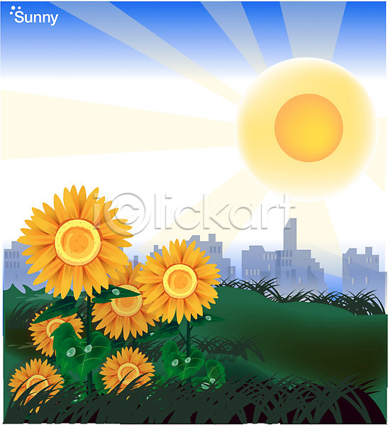 사람없음 EPS 일러스트 꽃 날씨 맑음 백그라운드 식물 야외 여름꽃 자연 주간 초원(자연) 태양 풍경(경치) 해 해바라기 햇빛