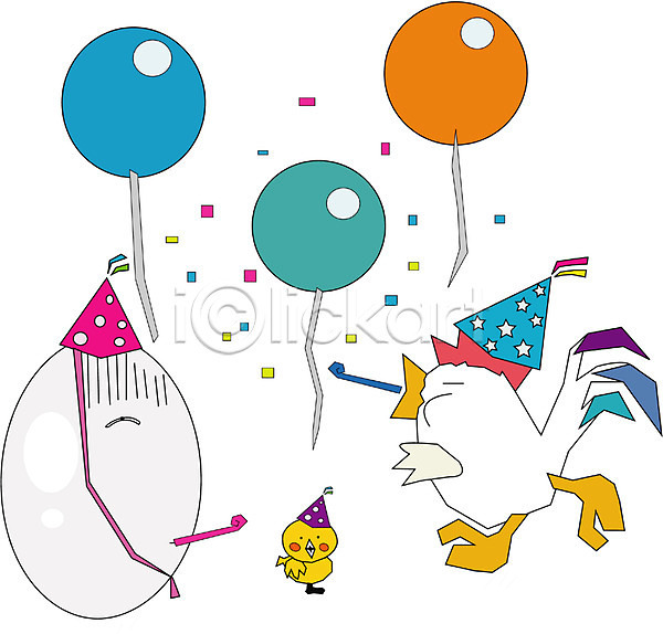 사람없음 EPS 일러스트 계란 고깔(모자) 닭 닭캐릭터 동물 두마리 병아리 새캐릭터 색종이 이벤트 조류 척추동물 캐릭터 클립아트 파티 풍선