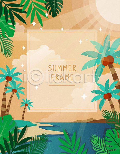 사람없음 AI(파일형식) 일러스트 프레임일러스트 바다 바캉스 백그라운드 사각프레임 야자수 야자수열매 야자수잎 여름(계절) 여름휴가 태양 트로피컬아트 프레임 해변 휴가