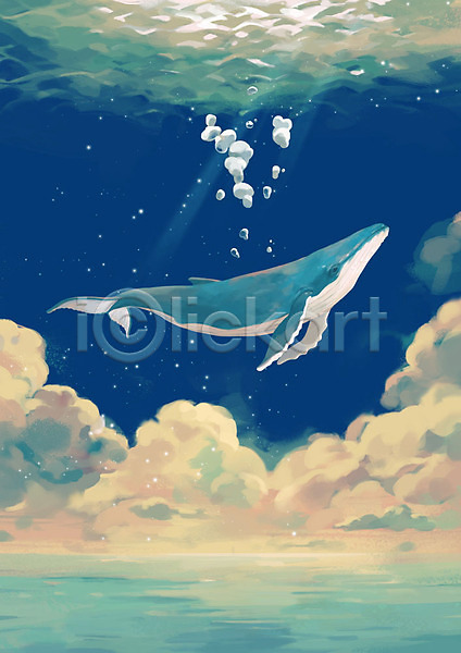 감성 상상 자유 사람없음 PSD 상상일러스트 일러스트 고래 공기방울 구름(자연) 동물 몽환 물기포 물방울 바다 범고래 별 비행 수영 수중 파란색 판타지 하늘 한마리