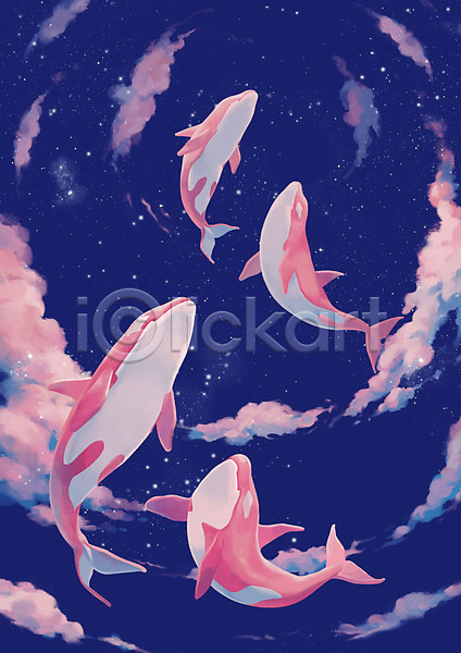 감성 상상 자유 사람없음 PSD 상상일러스트 일러스트 고래 구름(자연) 동물 몽환 밤하늘 범고래 별 분홍색 비행 성운 수영 여러마리 은하 은하계 은하수(은하) 판타지 하늘