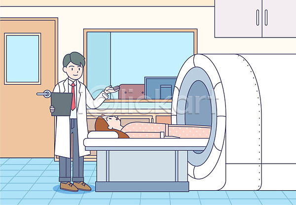 남자 두명 사람 성인 성인만 여자 AI(파일형식) 일러스트 CT촬영 MRI 건강 건강검진 건강관리 병원 의료기기 의사 의사당 의학 진료 촬영 환자