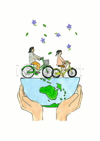 환경보전 두명 사람 성인 어린이 여자 여자만 PSD 일러스트 그린슈머 그린에너지 그린캠페인 꽃 들기 라이프스타일 세계환경의날 손 수채화(물감) 에코 에코라이프 유기농 자연보호 자전거 지구 친환경 필환경 환경
