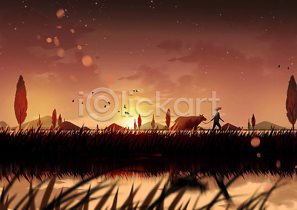 고요 따뜻함 여유 한명 PSD 일러스트 강 나무 노을 농부 농촌 백그라운드 빨간색 소 시골 일몰 저녁 풍경(경치) 황소
