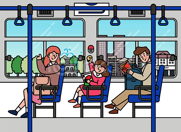 기쁨 설레임 즐거움 휴식 남자 사람 성인 세명 어린이 여자 AI(파일형식) 일러스트 가족 대중교통 버스 앉기 어린이날 여행 여행객 휴가