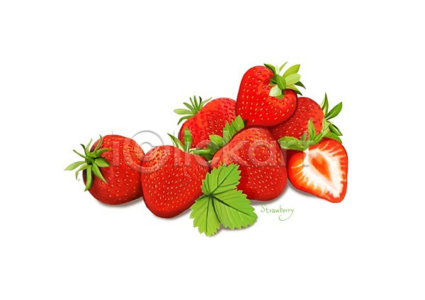 사람없음 PSD 일러스트 건강 건강식품 디테일 딸기 딸기꽃 슈퍼푸드 여러개 잎