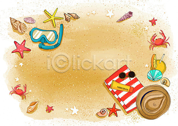 시원함 즐거움 사람없음 PSD 일러스트 프레임일러스트 게 모래사장 모자(잡화) 물안경 바다 백그라운드 불가사리 선크림 여름(계절) 조개껍데기 프레임 해변