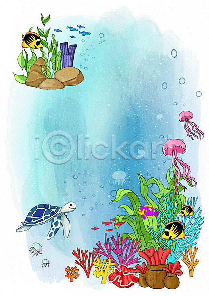 시원함 즐거움 사람없음 PSD 일러스트 프레임일러스트 거북이 물고기떼 바다 바닷속 백그라운드 여러마리 여름(계절) 열대어 조개껍데기 파란색 풍경(경치) 프레임 해조류 해파리