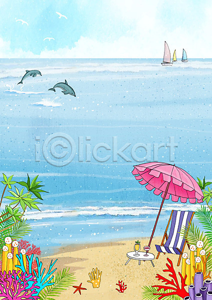 시원함 즐거움 사람없음 PSD 일러스트 프레임일러스트 나무 돌고래 바다 백그라운드 여름(계절) 요트 의자 파라솔 파란색 프레임 해변