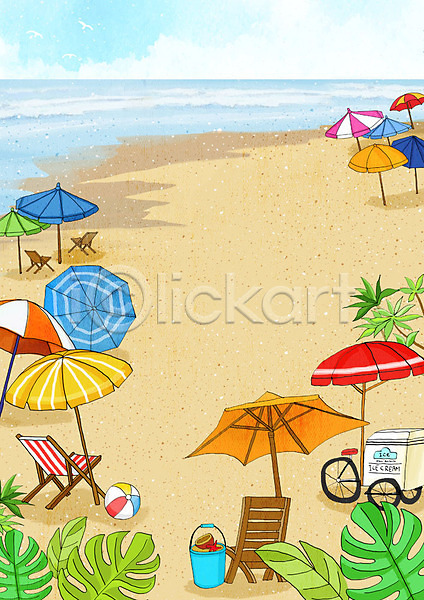 시원함 즐거움 사람없음 PSD 일러스트 프레임일러스트 갈색 나무 모래사장 바다 백그라운드 여름(계절) 의자 파도 파라솔 프레임 해변