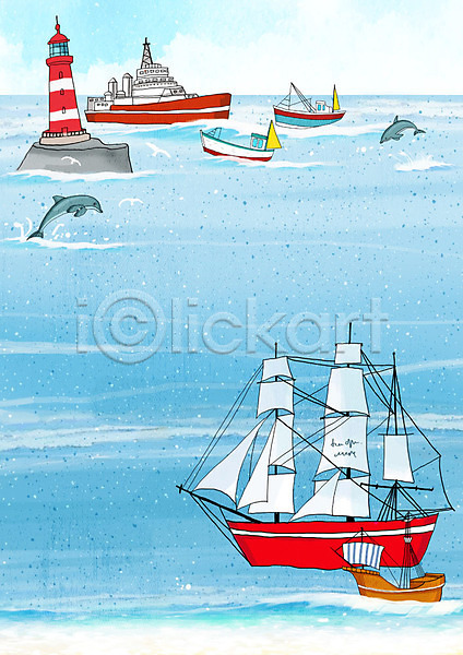 시원함 즐거움 사람없음 PSD 일러스트 프레임일러스트 돌고래 등대 바다 배(교통) 백그라운드 여름(계절) 파란색 프레임