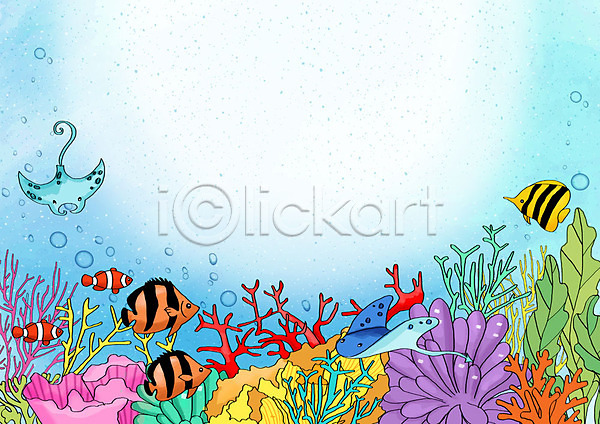 시원함 즐거움 사람없음 PSD 일러스트 프레임일러스트 가오리 바다 바닷속 백그라운드 어류 여름(계절) 조개껍데기 파란색 풍경(경치) 프레임 해조류