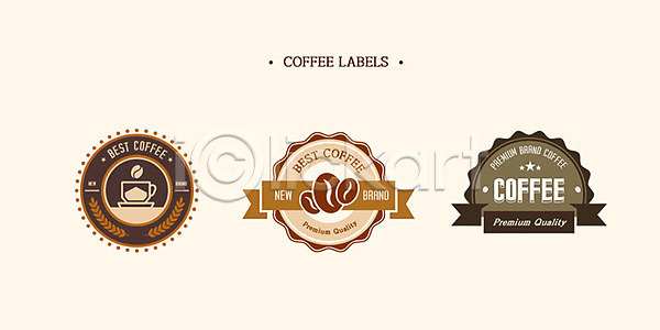 사람없음 AI(파일형식) 일러스트 갈색 라벨 리본 세트 스티커 심볼 원두 카페 커피