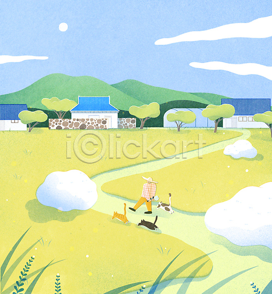 여유 남자 노년 노인남자한명만 한명 PSD 일러스트 걷기 고양이 나무 마을 비닐하우스 산 세마리 시골 시골길 시골집 전신 초원(자연) 풍경(경치) 하늘