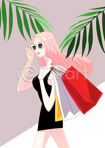성인 성인여자한명만 여자 한명 PSD 일러스트 들기 미니원피스 상반신 선글라스 쇼핑 쇼핑백 잎 취미
