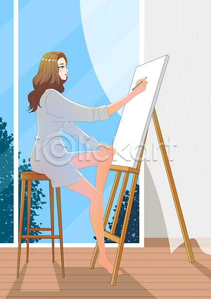 성인 성인여자한명만 여자 한명 PSD 일러스트 그리기 그림 들기 미술 앉기 연필 의자 이젤 전신 창문 취미 캔버스 커튼