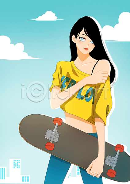 성인 성인여자한명만 여자 한명 PSD 일러스트 구름(자연) 들기 상반신 스케이트보드 잡기 취미 하늘색