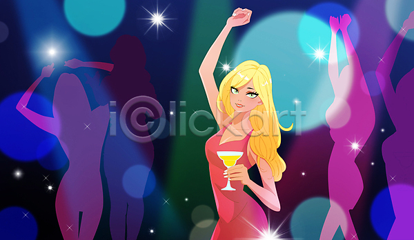 성인 성인여자한명만 여자 한명 PSD 실루엣 일러스트 들기 보케 빛 상반신 스포트라이트 춤 취미 칵테일 칵테일잔 클럽